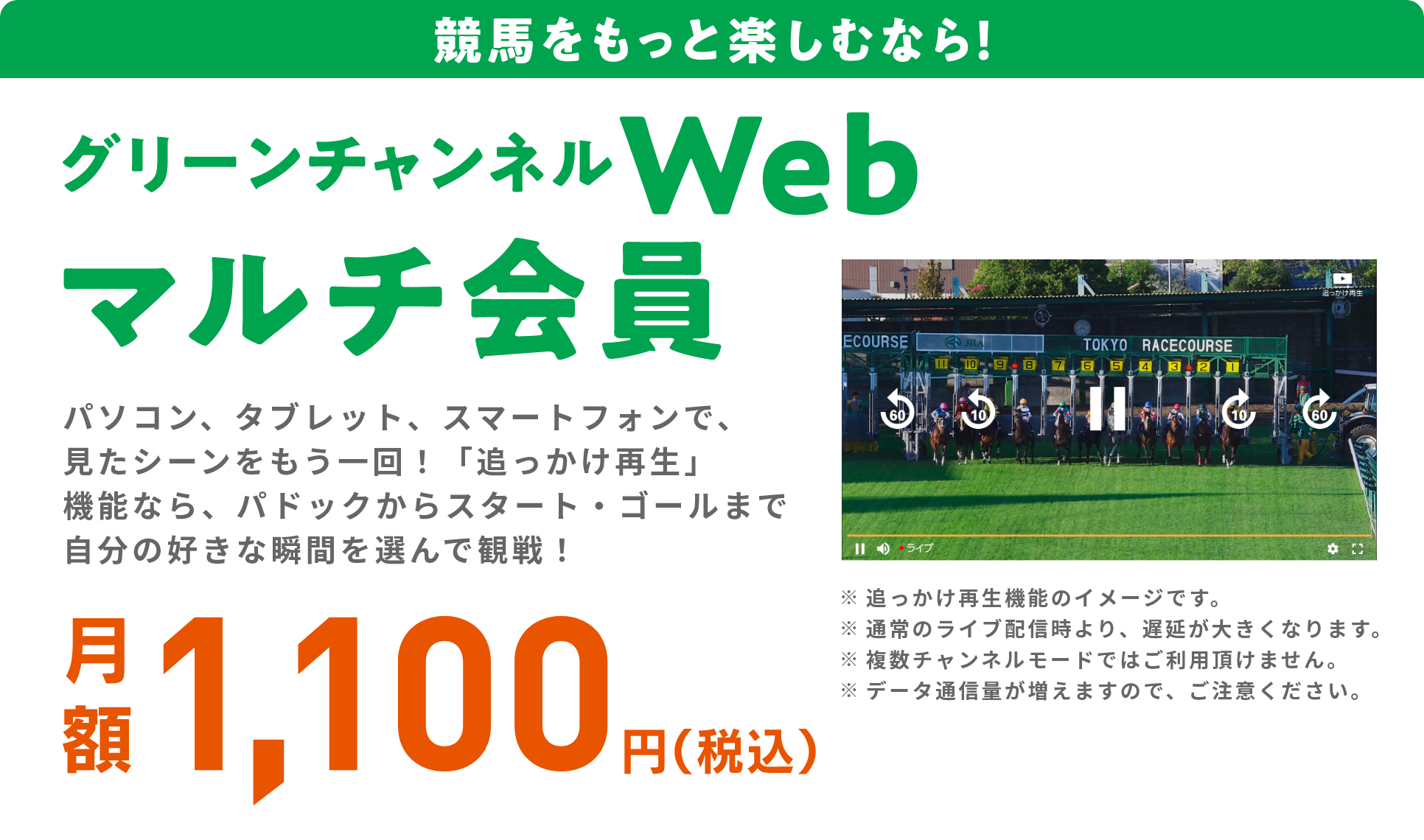競馬をもっと楽しむなら！　グリーンチャンネルWebマルチ会員　月額1,100円（税込）